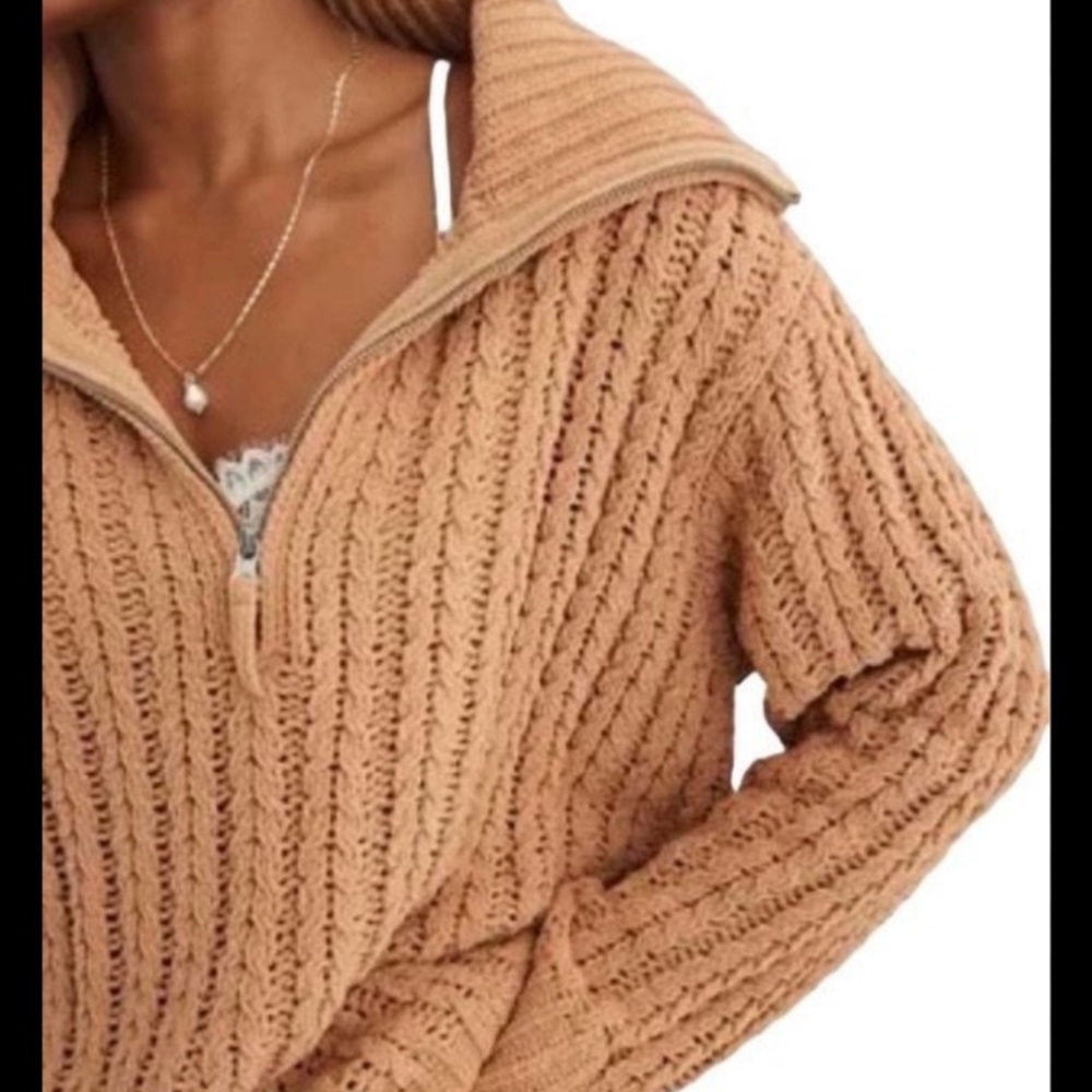 Aerie Oversized Cable Car Quarter Zip Sweater Medium Camel Brown - Picture 4 of 11